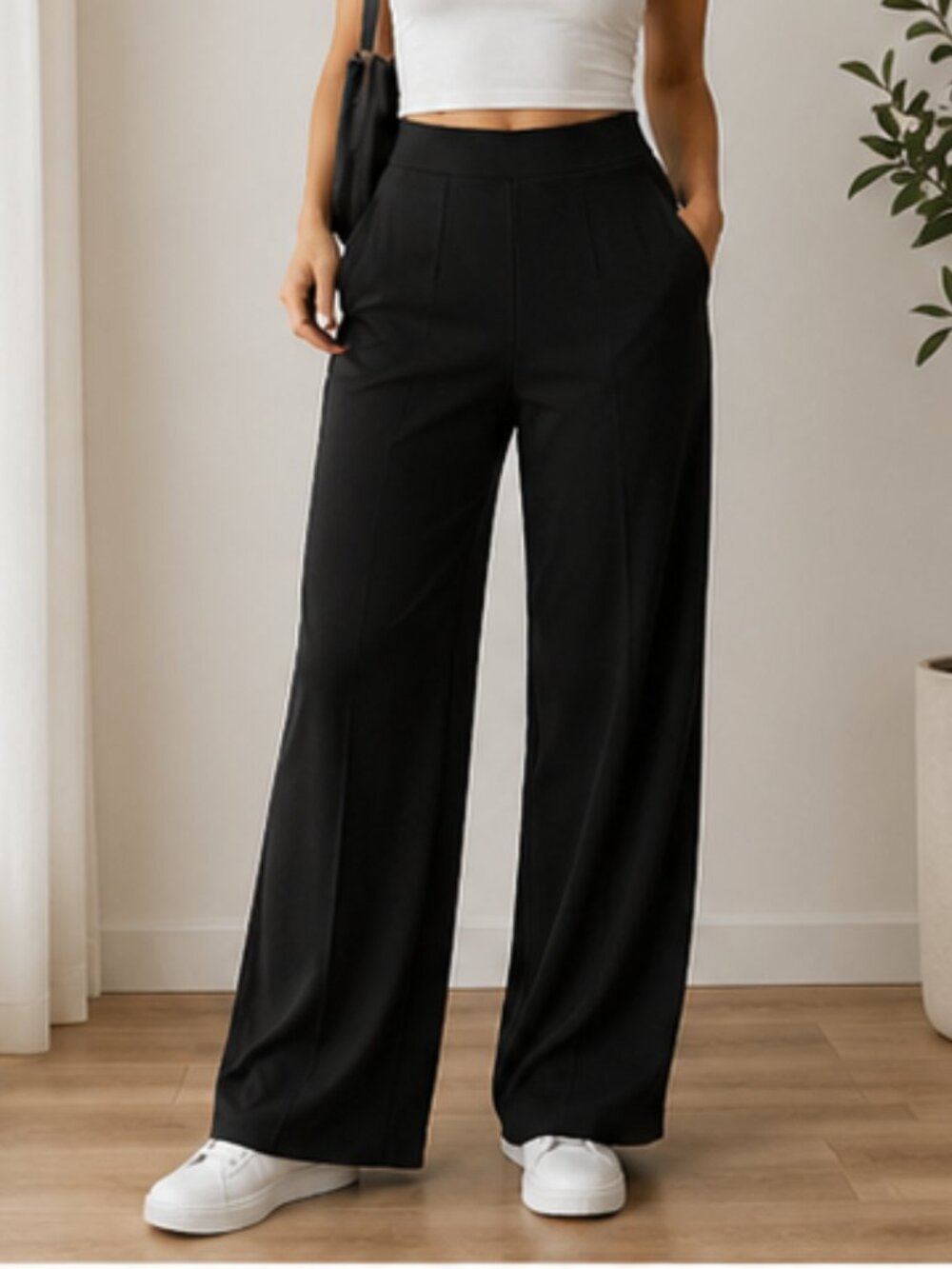 Black High Waist Wide Leg Pants Tailored Stretch Pull On